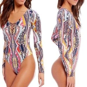 Free People Pick A Place Colorful Paisley Boho Long Sleeve Bodysuit Women’s L